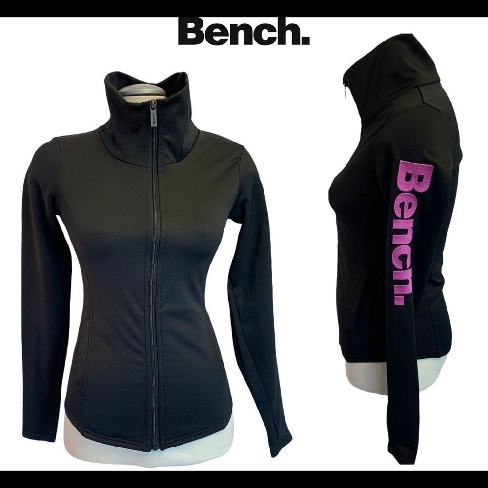 Bench Black high neck zipup jacket neon pink logo
